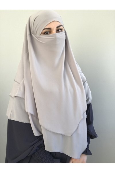 MERVERA souffle scarf khimar islamic with veil, three-layer chiffon LIGHT GREY