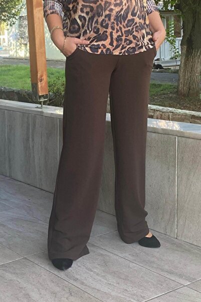 Mia Butik بنطال نسائي ذو صدرية كريب بنية واسعة الساق
