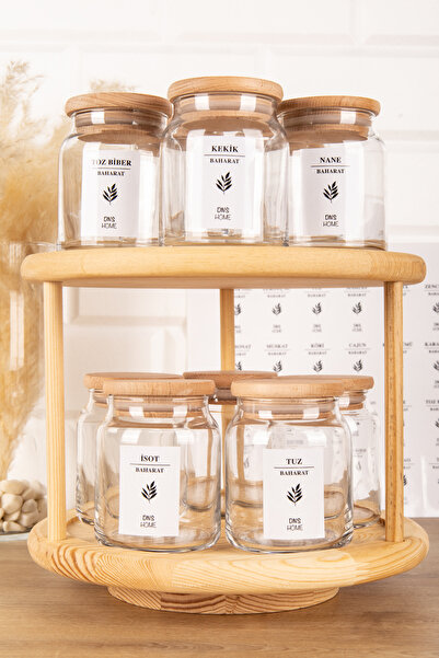 DNS HOME 10-Piece Wooden Flat Vacuum Glass Spice Jar Set with Lids, Spoon, Rotating Stand and Label Storage Jar
