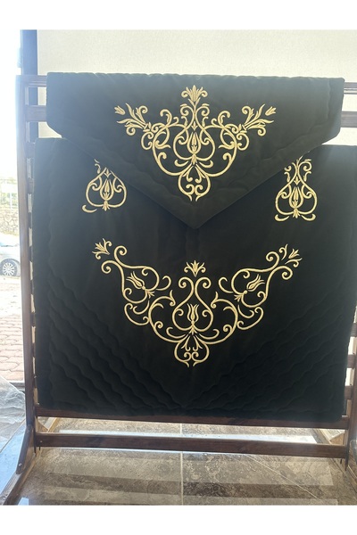 Gelincik Çeyiz Maraş İşi Sim Sırma Nakışlı Koyu Yeşil Seccade Seti