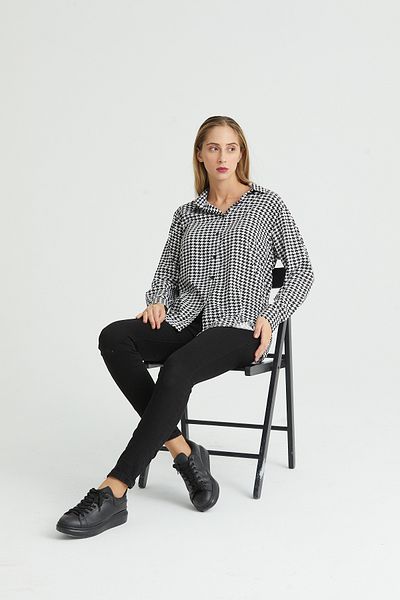 DEFES Women's Black and White Long Sleeve Shirt Houndstooth Viscose Oversize Shirt