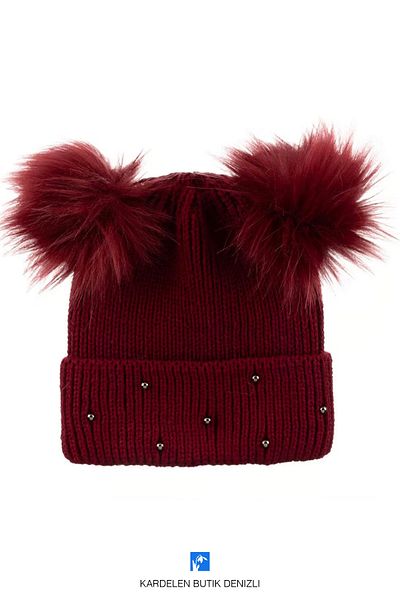 Kardelen Butik Denizli Winter Beaded Double Pompom Knitted Women's Beret