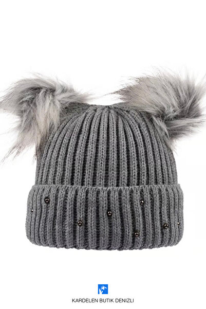 Kardelen Butik Denizli قبعة نسائية محبوكة بوم بوم مزدوجة مطرزة بالشتاء