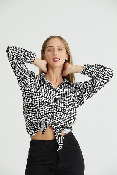 DEFES Women's Black and White Long Sleeve Shirt Houndstooth Viscose Oversize Shirt