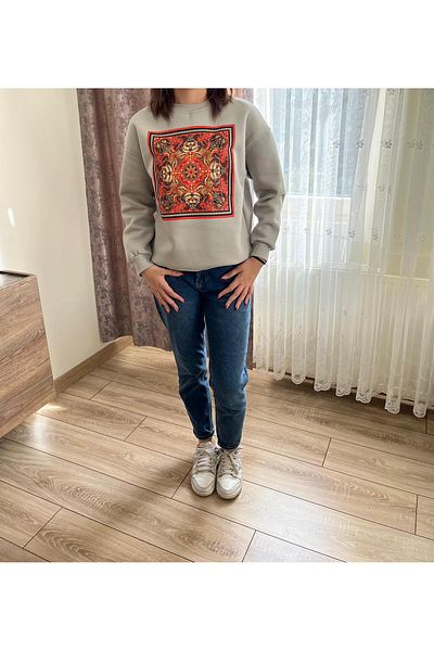 Mint Sequin Detailed Ethnic Patterned Hooded Sweatshirt