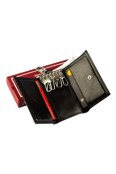 GUZIDEN 100% Genuine Leather Keychain - Keychain with Card and Money Compartment in Black Color