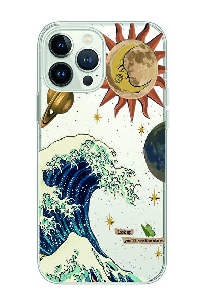 Magic Ring Iphone 15 Pro Uyumlu Güneş ve Dalga Desenli Şeffaf Telefon Kılıfı