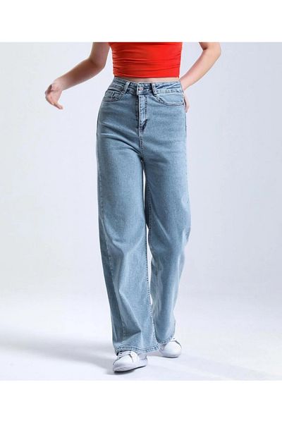 MAKRAS EXCLUSIVE Lisa, anii 90, cu picioare late, albastru, spălat cu zăpadă, talie înaltă, pantaloni confortabili din denim din lycra, blugi Palazzo