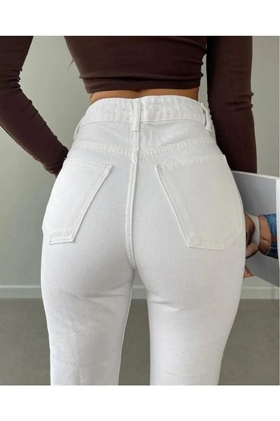 MAKRAS EXCLUSIVE Julia Γυναικείο 90's White No Show Άνεση ψηλή μέση Lycra τζιν παντελόνι Mom τζιν