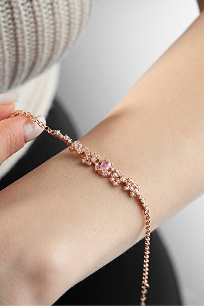 Nereze 925 Ayar Gümüş Rose Kaplama Pembe Zirkon Taşlı Tasarım Bileklik