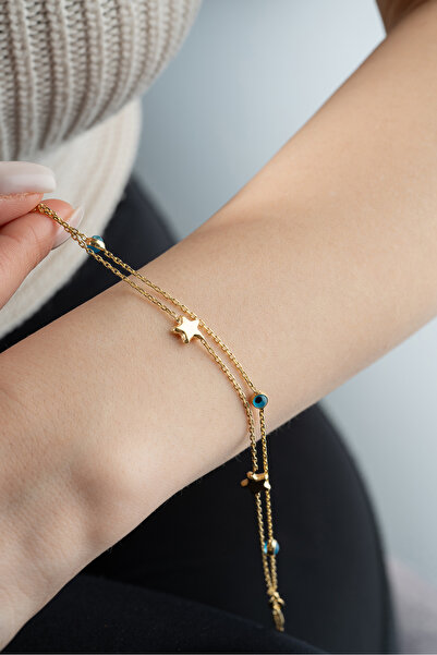 Nereze 925 Ayar Gümüş Çift Zincir Gold Kaplama Yıldız Nazar Göz Bileklik