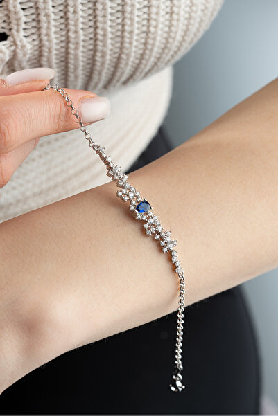 Nereze 925 Ayar Gümüş Mavi Zirkon Taşlı Tasarım Bileklik