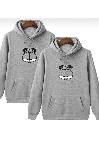 Josette Γκρι Garfield Printed Lover Combination Oversize Φούτερ με κουκούλα Χειμερινό ράστερ χοντρό