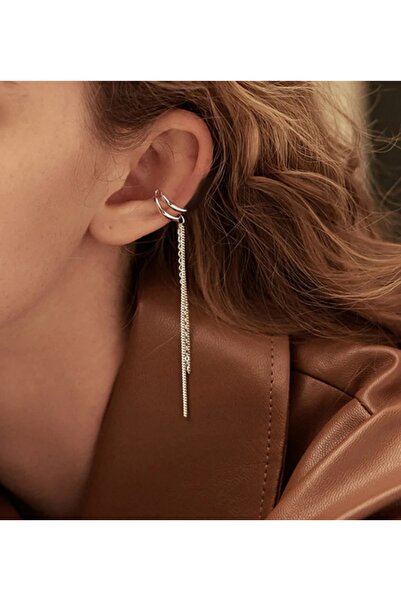 TakıConcept Zincirli Deliksiz Sıkıştırma Ear Cuff Manşet Küpe Gümüş Kaplama