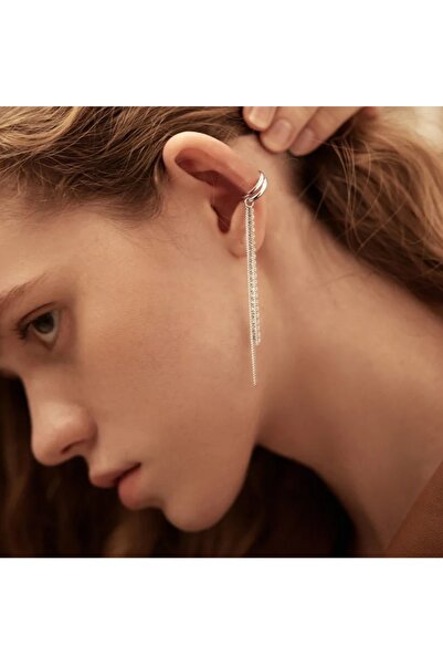 TakıConcept Zincirli Deliksiz Sıkıştırma Ear Cuff Manşet Küpe Gümüş Kaplama