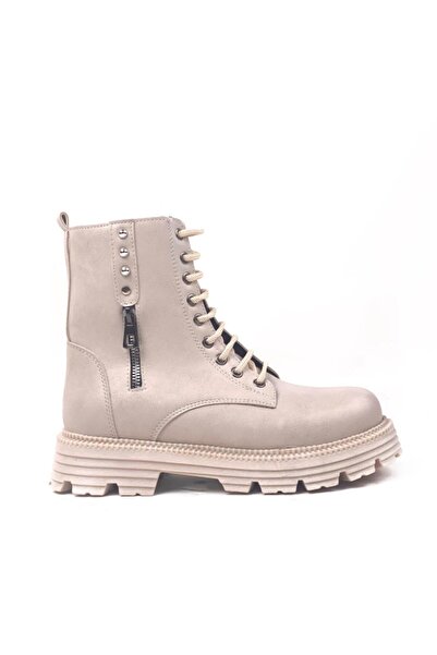 bescobel Women's Beige Casna Zippered Lace-up Boots