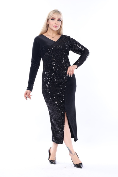 Novin Garnished Sequin Velvet, V-neck Black Dress, Evening Dress