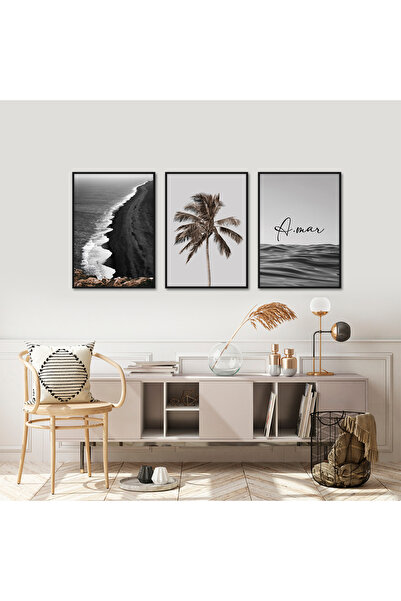 Linacci Set of 3 Black Thin Framed Abstract Palm Amor Style Metal Glass Painting