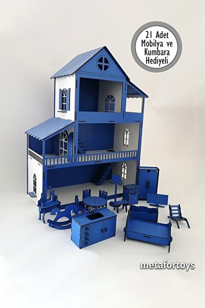 metafortoys 80 Cm Isimli Işıklı Ahşap Oyun Evi Mavi