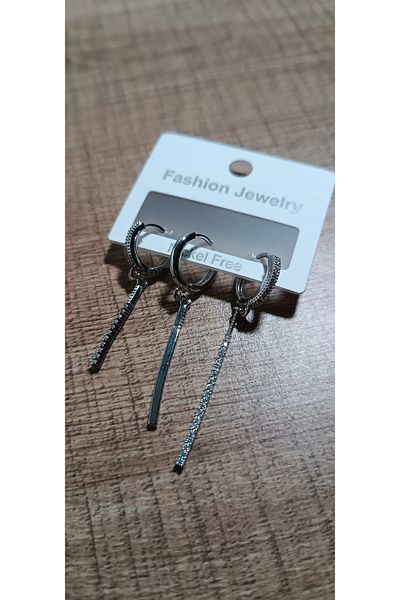 Kuşkaya Ticaret 3 Pieces Stick Earrings with Zircon Stone| Gift