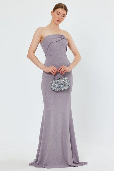 lovebox Flexibles, glitzerndes, rutschfestes, gestreiftes, gefülltes, trägerloses Maxi-Abendkleid in Grau, Fischschnitt 9310