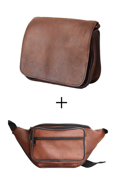 Jack Tonio Kahverengi Deri Omuz Çantası Ve Bel Çantası Set