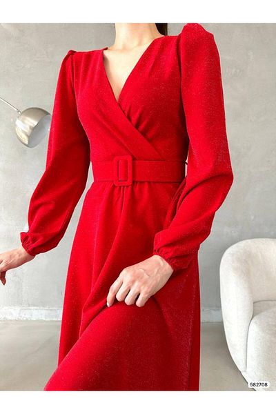 Masspera Double Breasted Collar Long Sleeve Belted Glittery Crepe Fabric Ankle Length Evening Dress