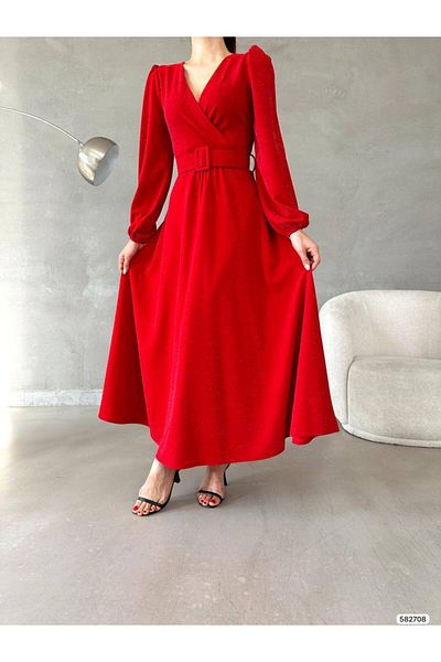 Masspera Double Breasted Collar Long Sleeve Belted Glittery Crepe Fabric Ankle Length Evening Dress