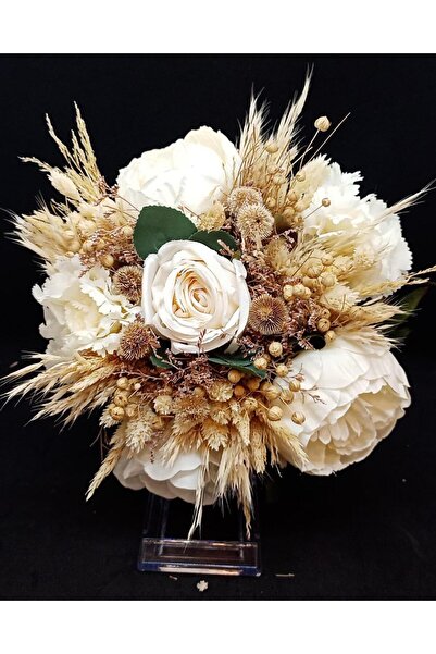 NevinStyle Başaklarla Süslenmiş Beyaz Gül Ve Karanfil Gelin Buketi
