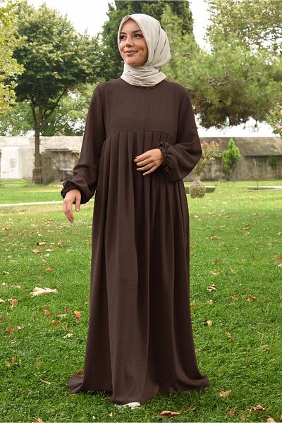 Tek Tesettür Giyim Φόρεμα Hijab / Φεράζ Πλισέ με φερμουάρ Καφέ