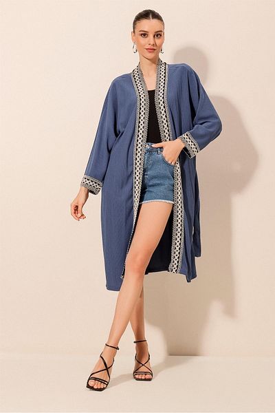 Bigdart 5865 Bestickter, langer Strickkimono - Indigo