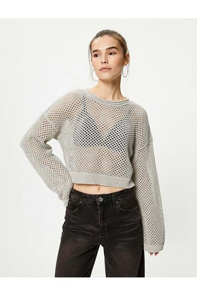 Koton Áttört kötöttáru pulóver, hosszú nyakú, hosszú ujjú, csillogó 4wak90524ht ezüst
