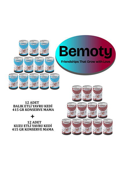 BEMOTY 12 ADET BALIK ETLİ 12 ADET KUZU ETLİ YAVRU KEDİ (KITTEN) KONSERVE MAMA...