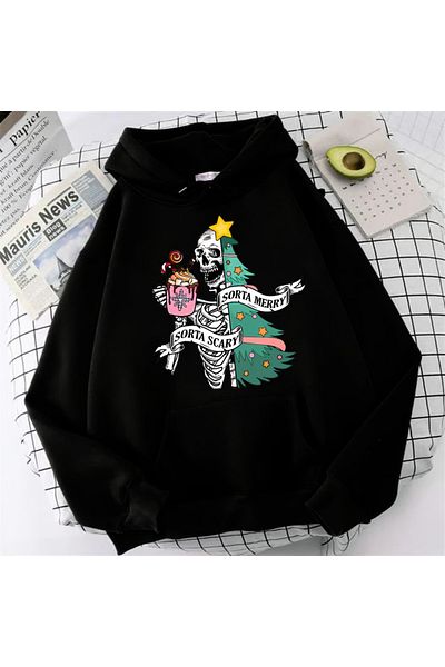 Toum Skeleton Christmas Printed Black Unisex Oversize Hooded Sweatshirt