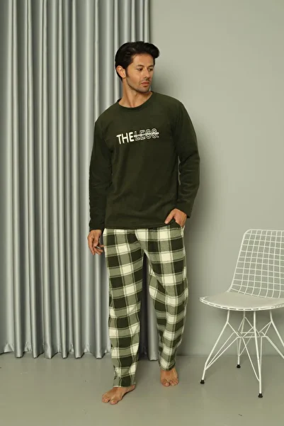 dealp Men's Winter Khaki Green Plaid Patterned Fleece Pajama Set