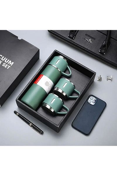 enfa ithalat Stainless Steel Coffee Thermos Set, Insulated 500ml Vacuum Flask with 3 Cups for Hot and Cold Drinks