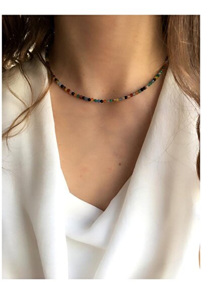 Mıçı Kadın İnce Renkli Akik Doğaltaş Kolye (4mm)