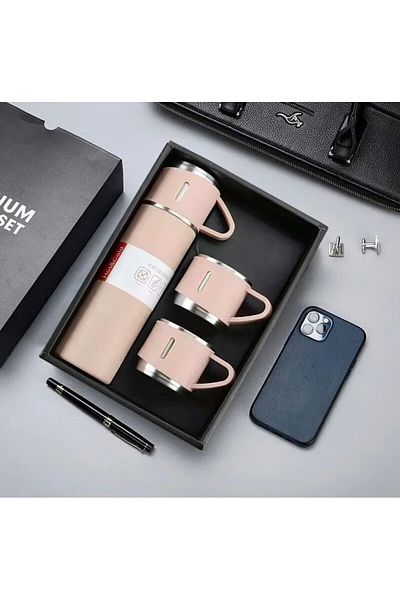 enfa ithalat Stainless Steel Coffee Thermos Set, Insulated 500ml Vacuum Flask with 3 Cups for Hot and Cold Drinks