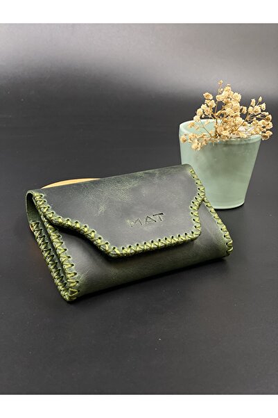 MAT Deri Yeşil Cüzdan Akordiyon Kartlık Efektli Hakiki Deri El Yapımı Tasarım Kartlık