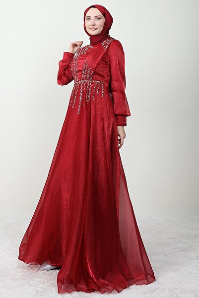 Giza Giyim Burgundy Wish Stone Detailed Organza Evening Dress