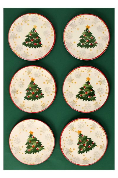 Akkoyunlu home Pine Tree Patterned Christmas Special 6 Pieces of Cake and Serving Plate, Cake, Serving Plate