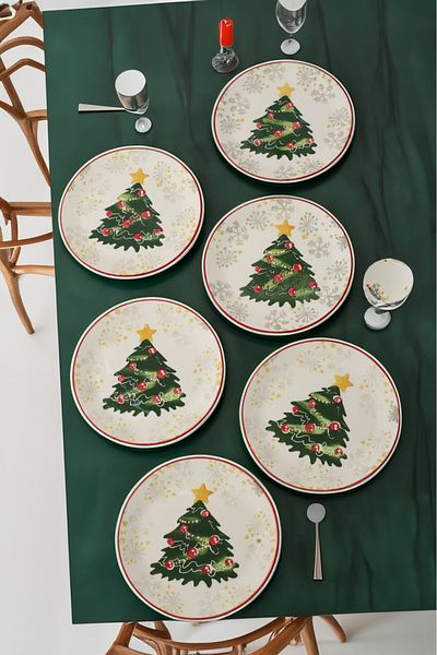 Akkoyunlu home Pine Tree Patterned Christmas Special 6 Pieces of Cake and Serving Plate, Cake, Serving Plate