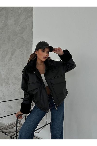 VOLT CLOTHİNG Damen Ledermantel mit Kragen und Fell innen, Doppeltaschen