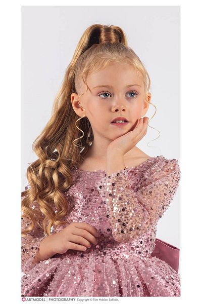 Sare Çocuk Giyim Παιδικό φόρεμα Princess σε σκόνη ροζ πέτρα και χάντρες