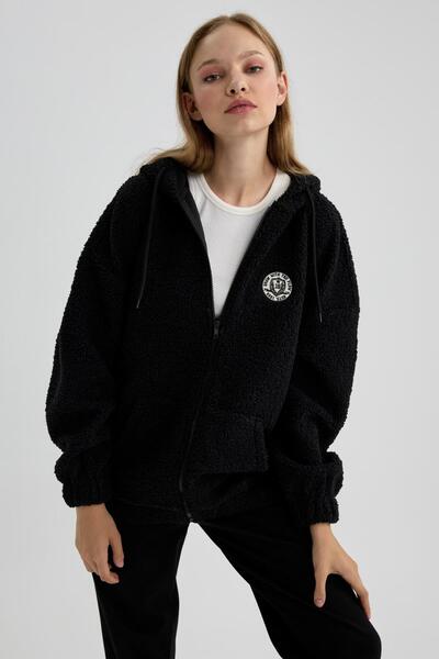 DeFacto Y2648 Cardigan de pluș cu glugă, cu formă supradimensionată