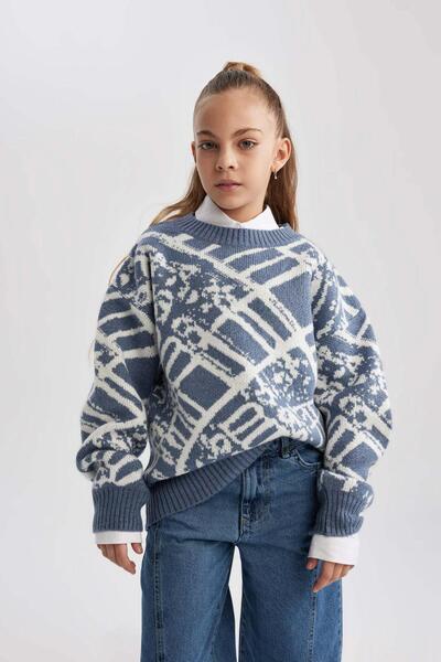 DeFacto Girl's Crew Neck Patterned Knitwear Sweater B3482A823Wn