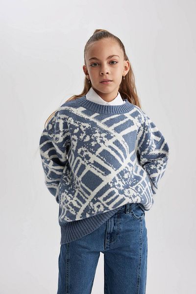 DeFacto Girl's Crew Neck Patterned Knitwear Sweater B3482A823Wn