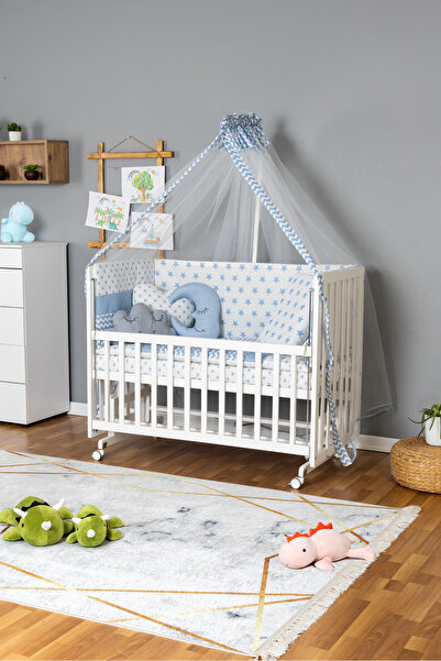 Bamgidoo Ahşap Beşik Anne Yanı Beşik Beyaz 60x120 - Mavi Yıldız 3 Yastıklı Uy...