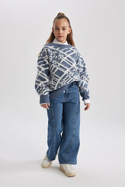 DeFacto Girl's Crew Neck Patterned Knitwear Sweater B3482A823Wn