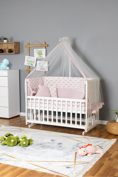 Bamgidoo Ahşap Beşik Anne Yanı Beşik Beyaz 60x120 - Pembe Balina Uyku Seti + ...